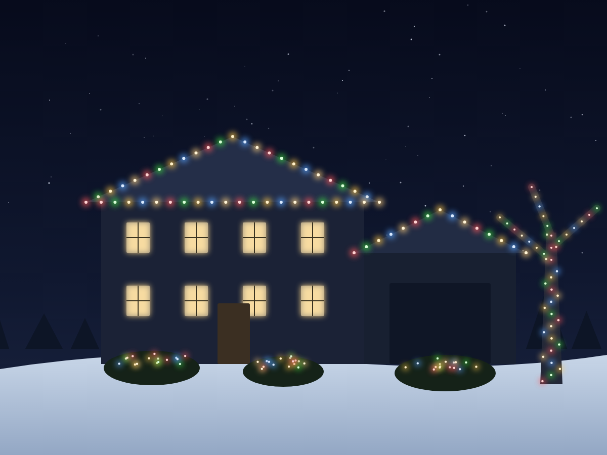 Multicolor designer holiday light display on a home exterior
