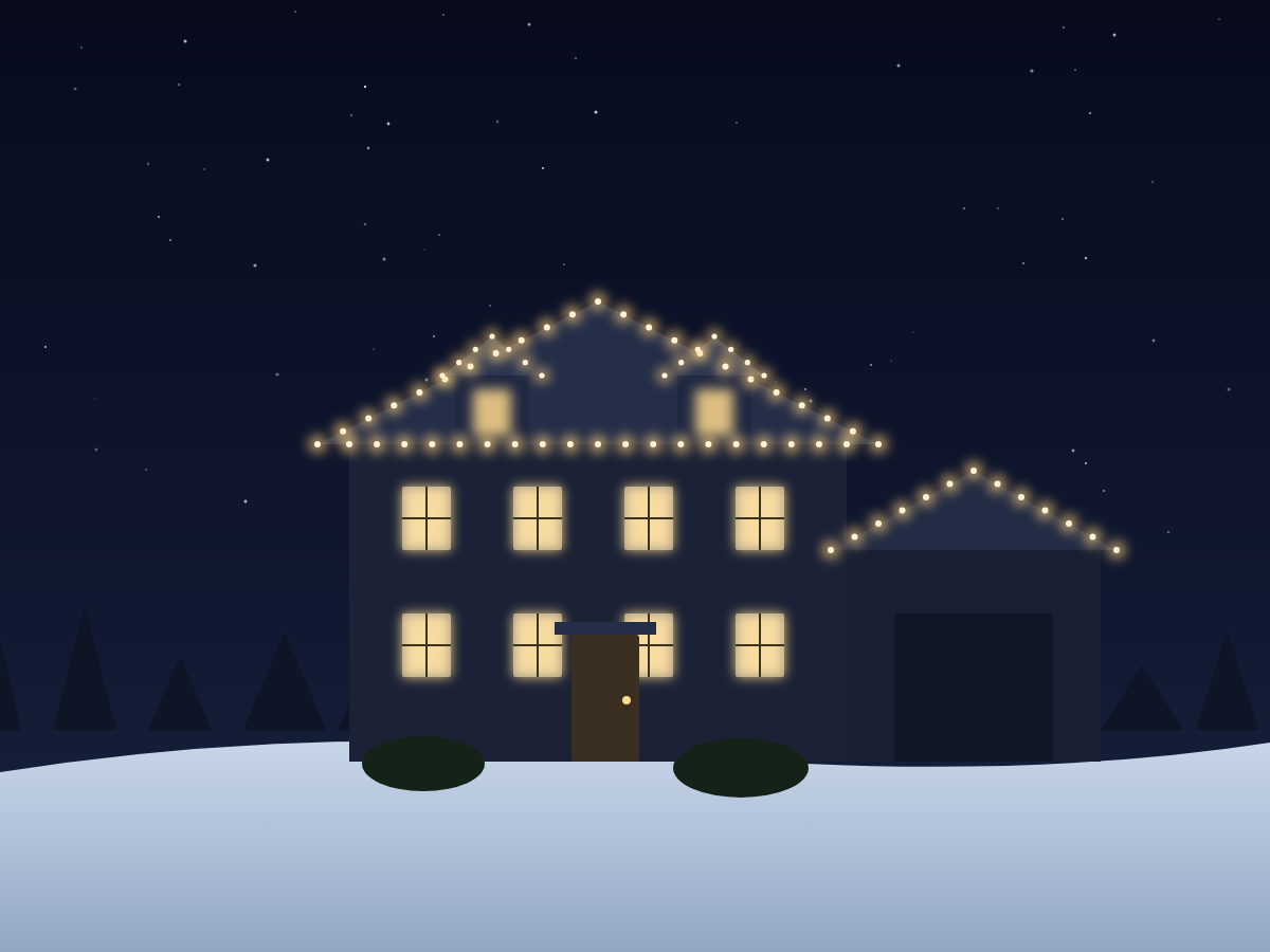 Warm white C9 bulbs outlining a single-story roofline