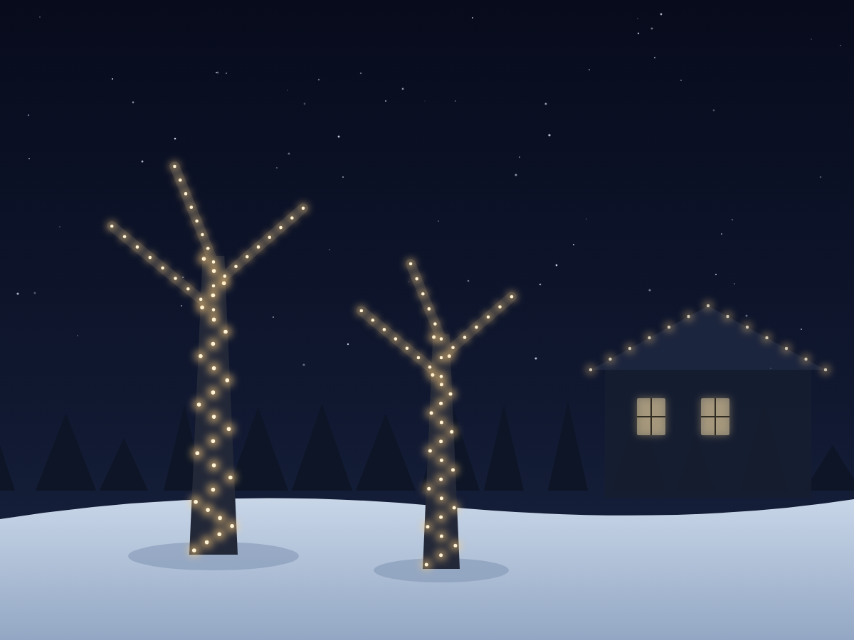 Front-yard tree wrapped trunk to branch in mini lights