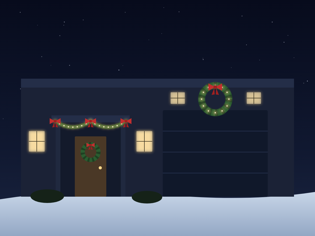 Lit wreath and garland decorating a front entry